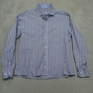 Bugatchi Shaped Fit Mens L Blue Checkered Button Down‎ Long Sleeve Shirt